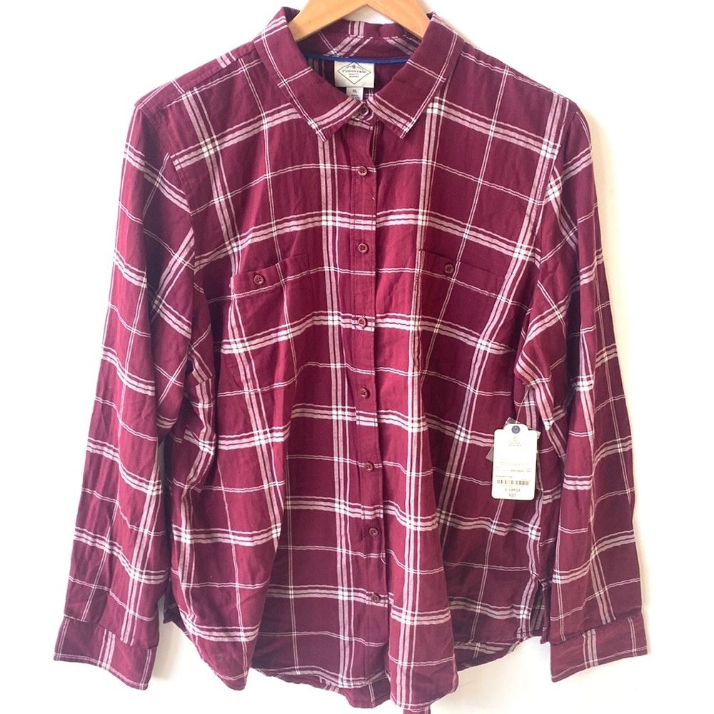 (A6)‎ St. John’s Bay Burgundy plaid longsleeve button down unisex top, Sz XL,NWT